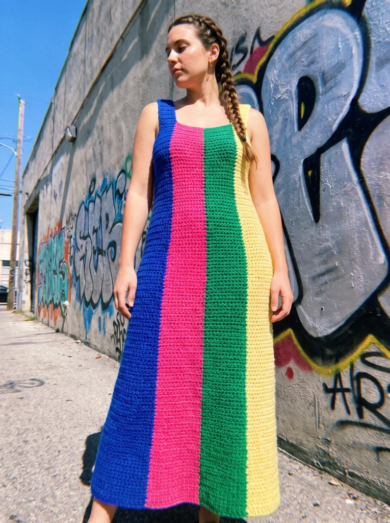 27 Gorgeous Crochet Dress Ideas You'll Love This Summer 12 Crochet colorblock dress with bold cobalt, pink, green, yellow panels