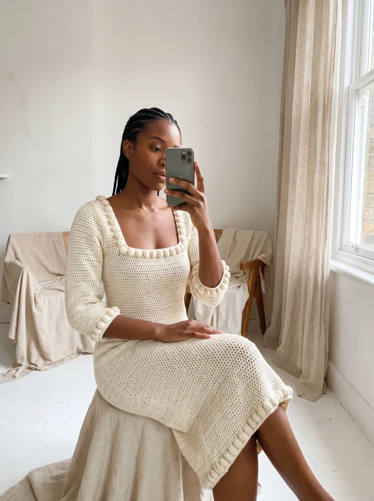 27 Gorgeous Crochet Dress Ideas You'll Love This Summer 16 Crochet cream dress with square neckline and puff stitch trim detail