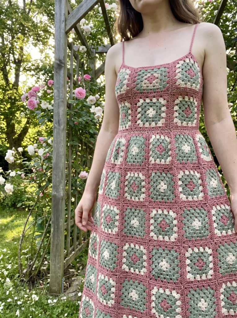 27 Gorgeous Crochet Dress Ideas You'll Love This Summer 7 Crochet granny square sundress with floral motifs in dusty rose and sage
