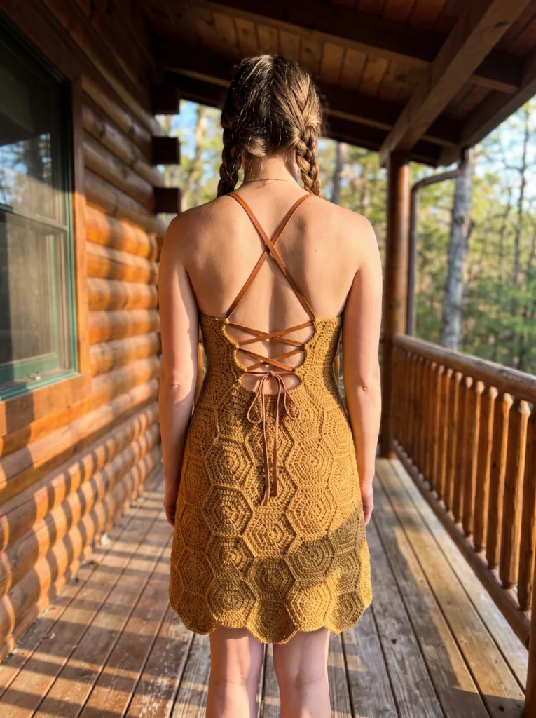 27 Gorgeous Crochet Dress Ideas You'll Love This Summer 13 Crochet honey-gold honeycomb stitch backless dress with lace-up back