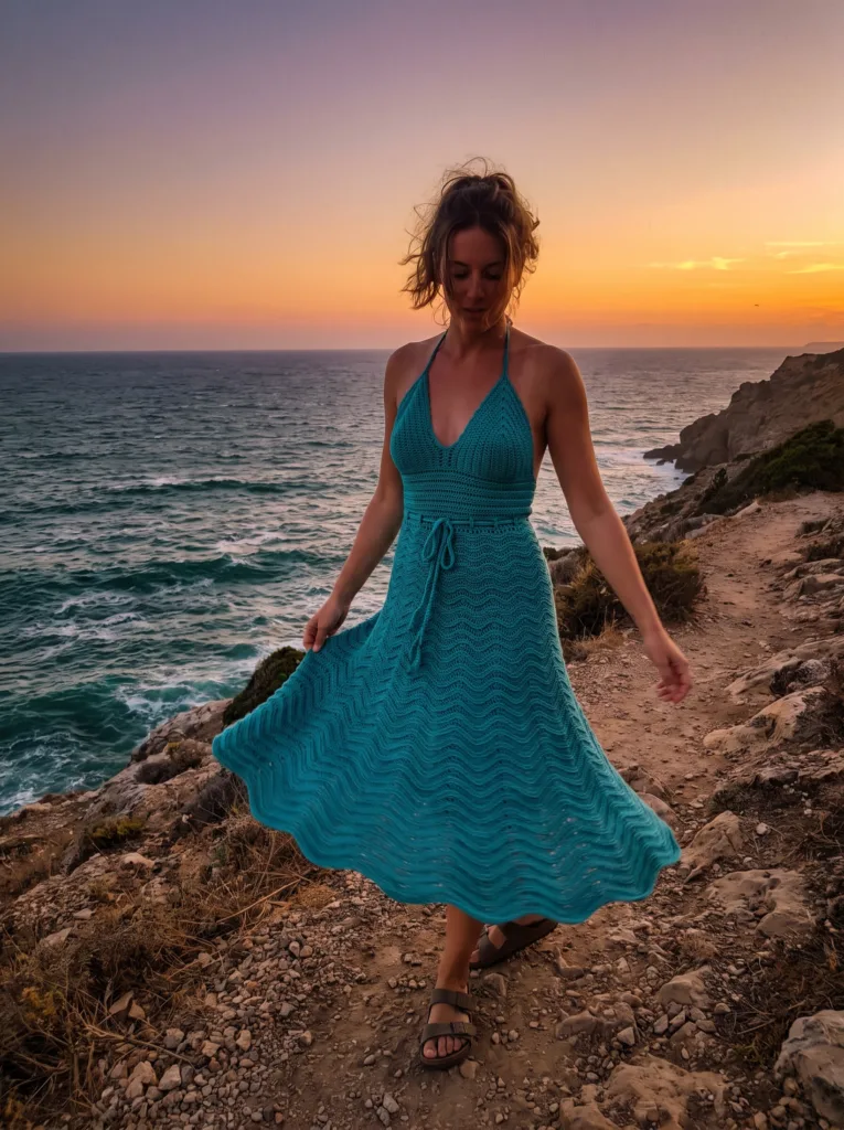27 Gorgeous Crochet Dress Ideas You'll Love This Summer 11 Crochet ocean teal halter dress with rippling wave stitch skirt