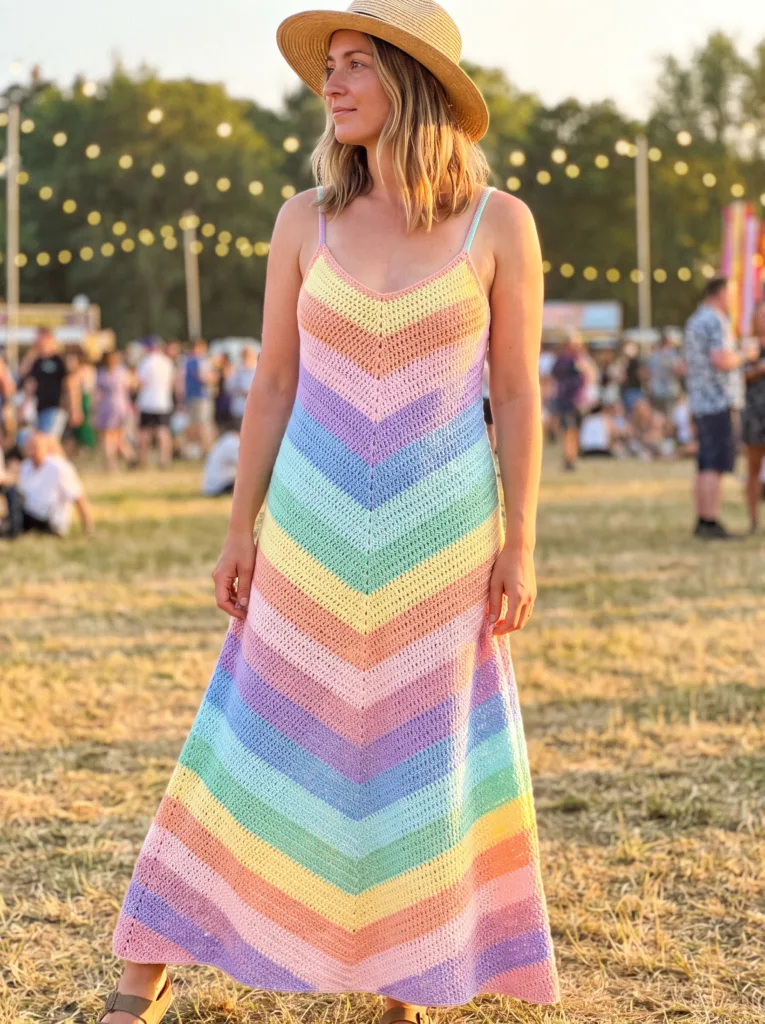 27 Gorgeous Crochet Dress Ideas You'll Love This Summer 6 Crochet pastel rainbow ripple stitch maxi dress with thin straps