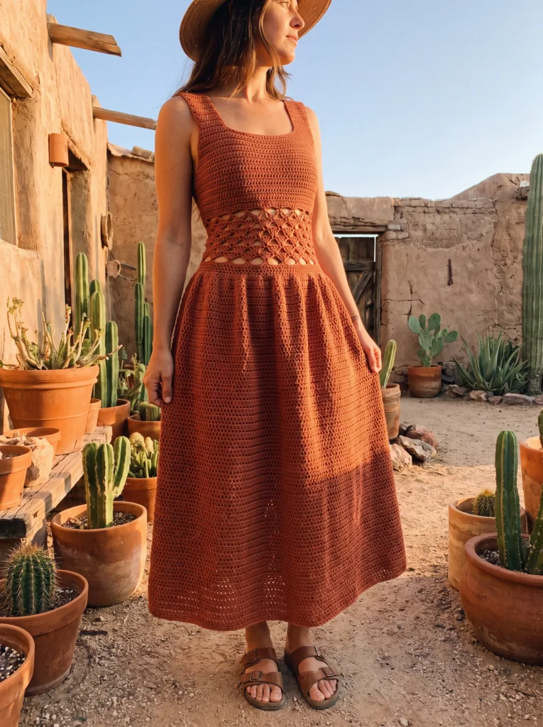 27 Gorgeous Crochet Dress Ideas You'll Love This Summer 10 Crochet terracotta dress with open shell stitch cut-out waist panel