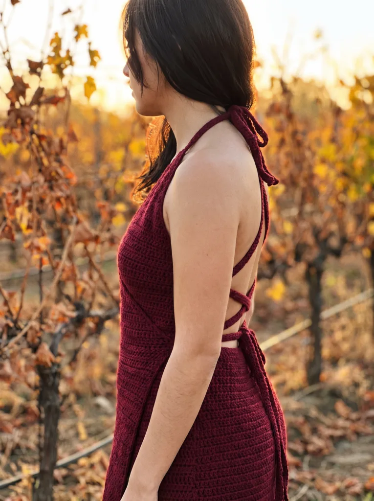 27 Gorgeous Crochet Dress Ideas You'll Love This Summer 23 Crochet wine red halter wrap dress with open crossed back straps