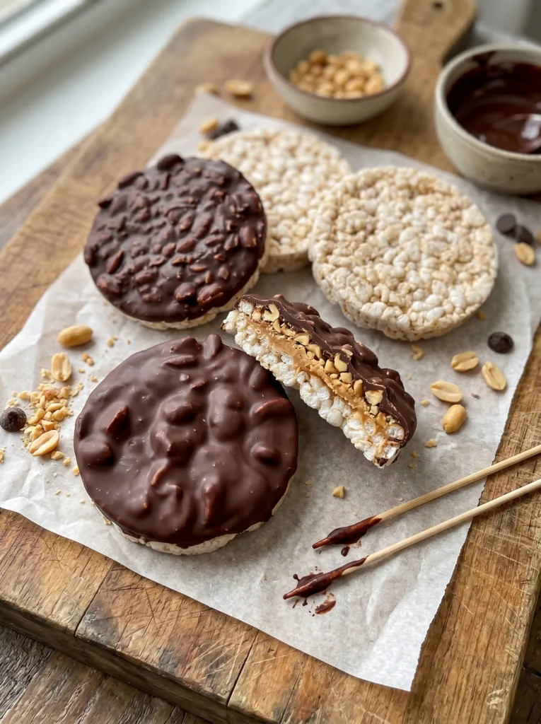  Rice cake bitten in half, showing the layered cross-section of rice cake, peanut butter, peanuts, and chocolate shell.