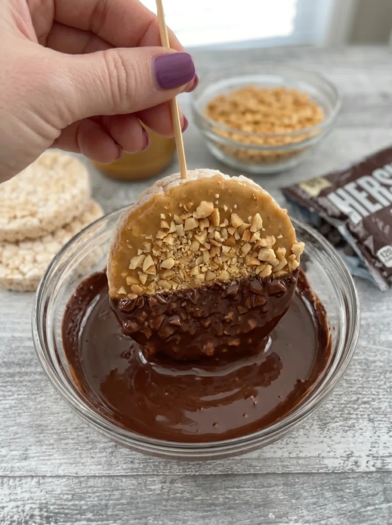 Rice cake being dipped into a bowl of melted chocolate, peanuts visible underneath. 