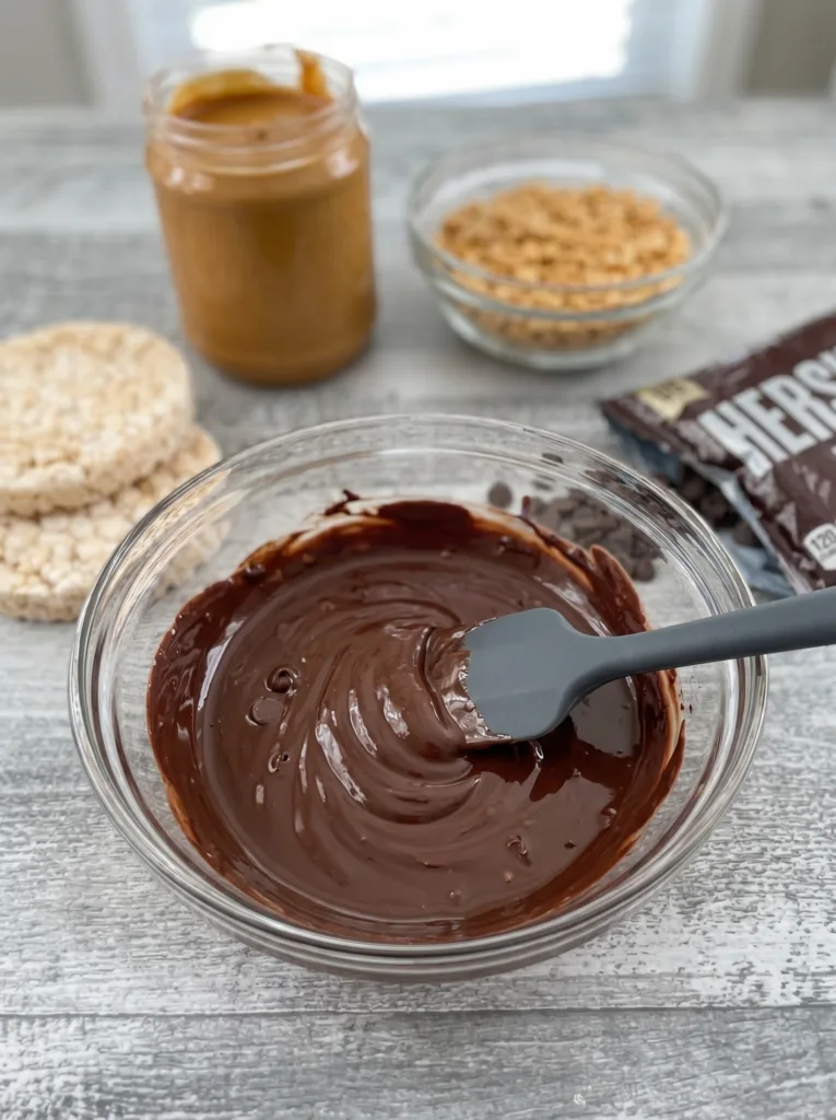  Dark chocolate melting in a glass bowl, partially stirred.