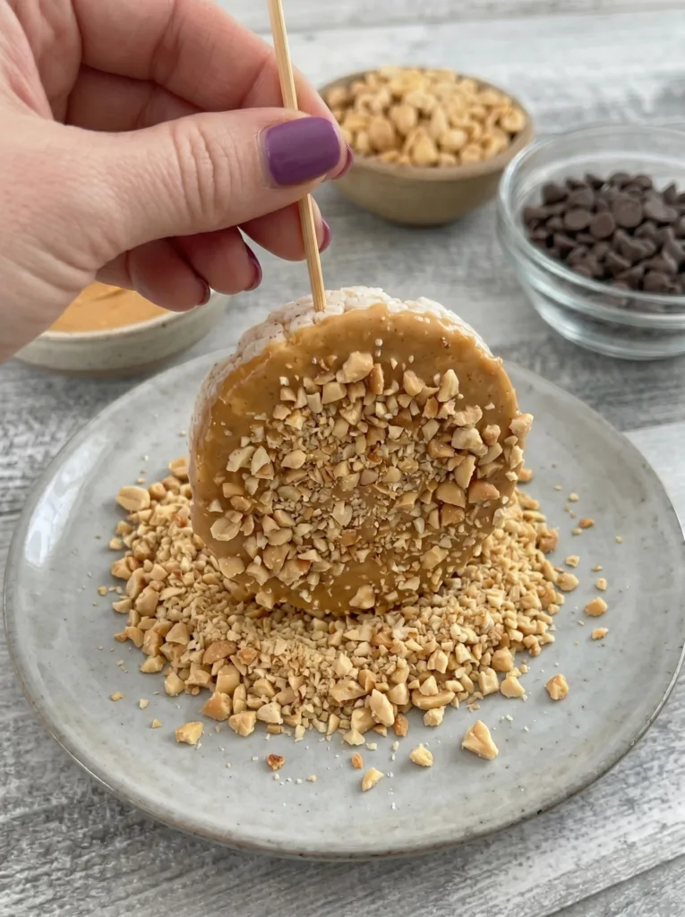 Peanut-butter-coated rice cake being pressed into a plate of crushed peanuts.