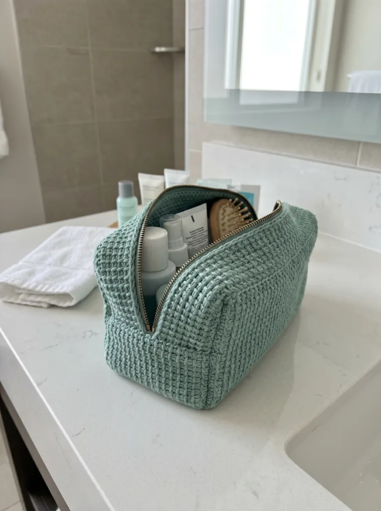 Seafoam green crochet basketweave zip pouch