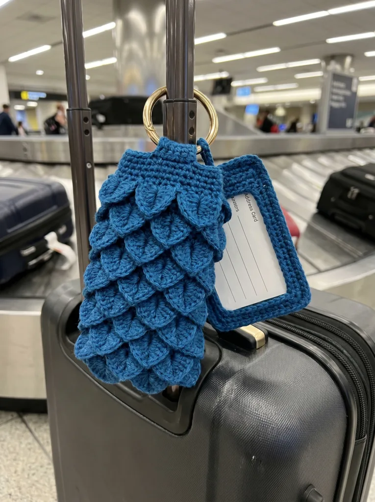 Teal crochet crocodile-stitch luggage charm and matching address-card tag hanging