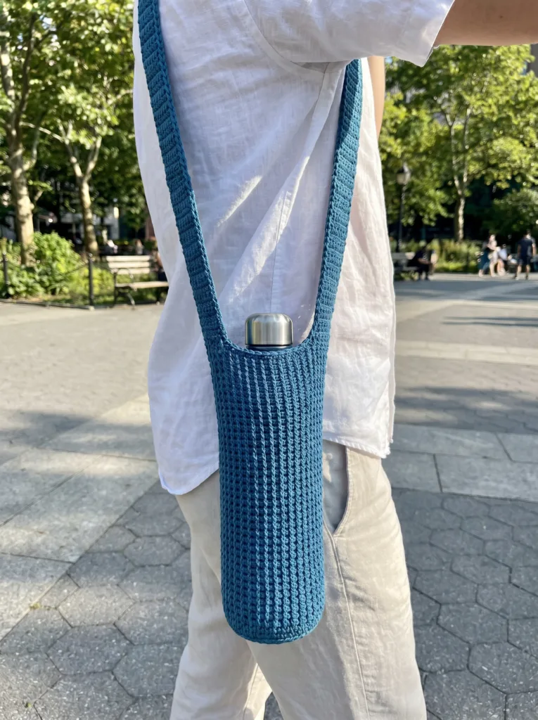 Tunisian-stitch crochet water bottle sling