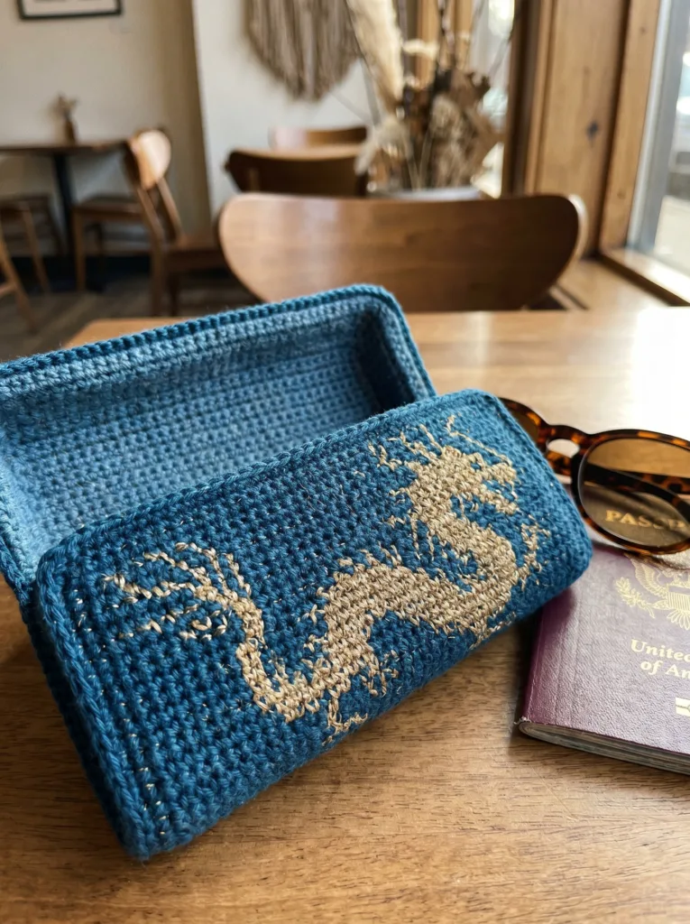 crochet sunglasses case in ocean teal with a gold tapestry crochet dragon