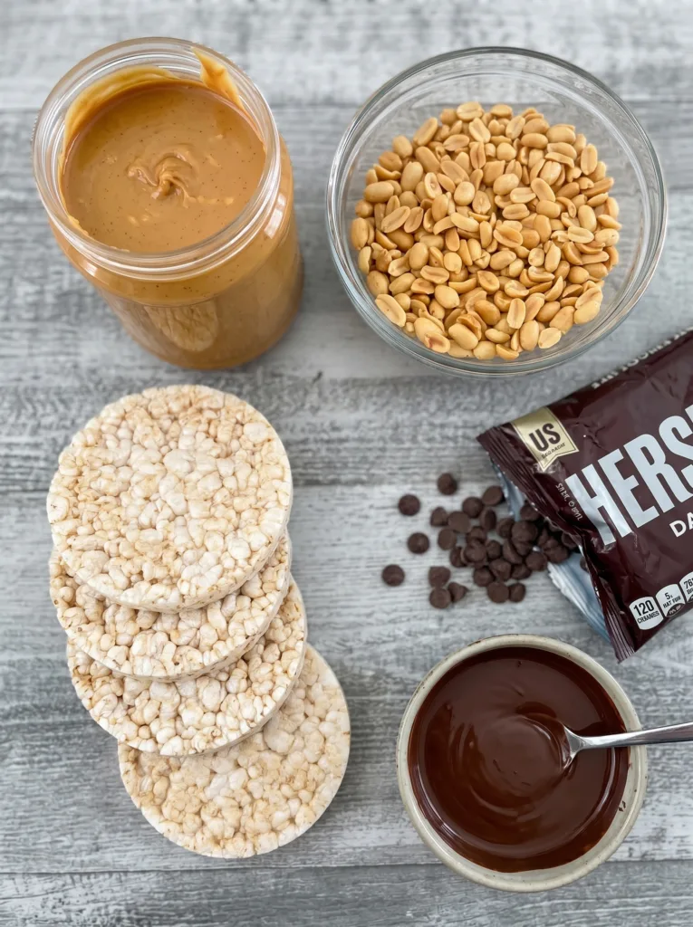 key ingredients for Triple Dip Peanut Butter Chocolate Rice Cakes