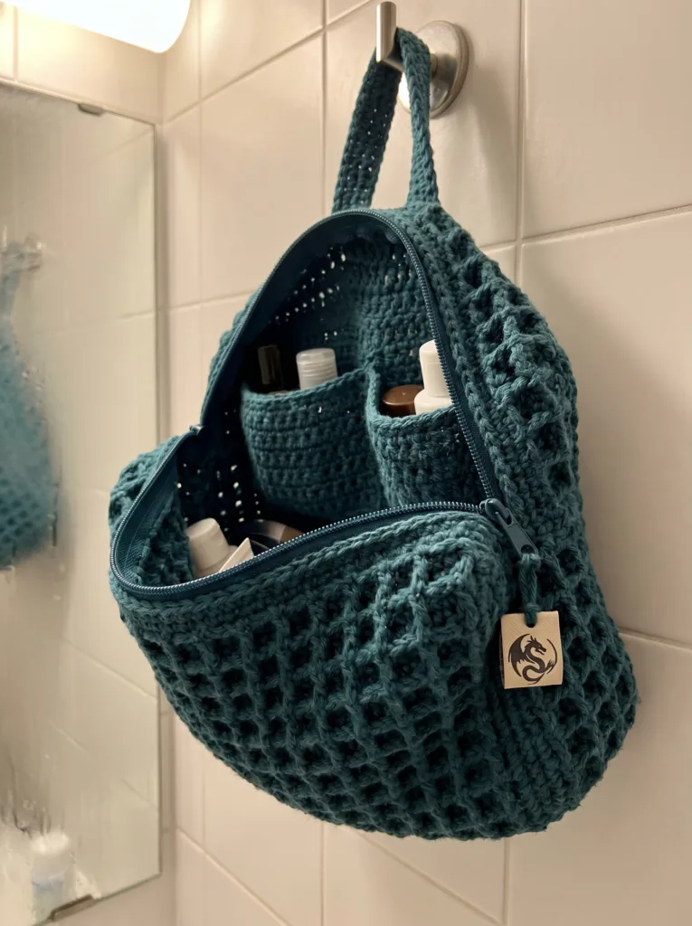 waffle-stitch crochet hanging toiletry bag