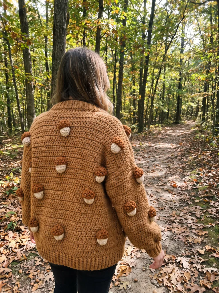 Crochet caramel brown cardigan with acorn motifs and bobble stitch texture