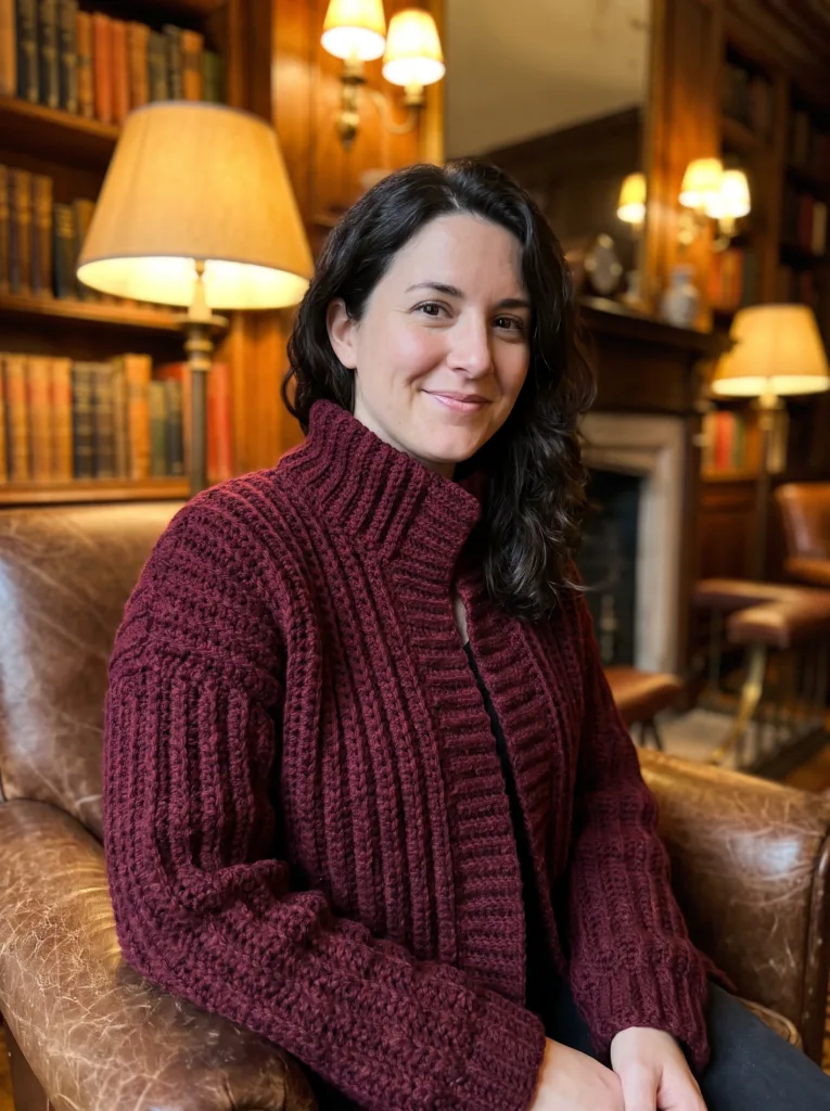 Crochet cardigan in burgundy with high standing collar and knit-look ribbing
