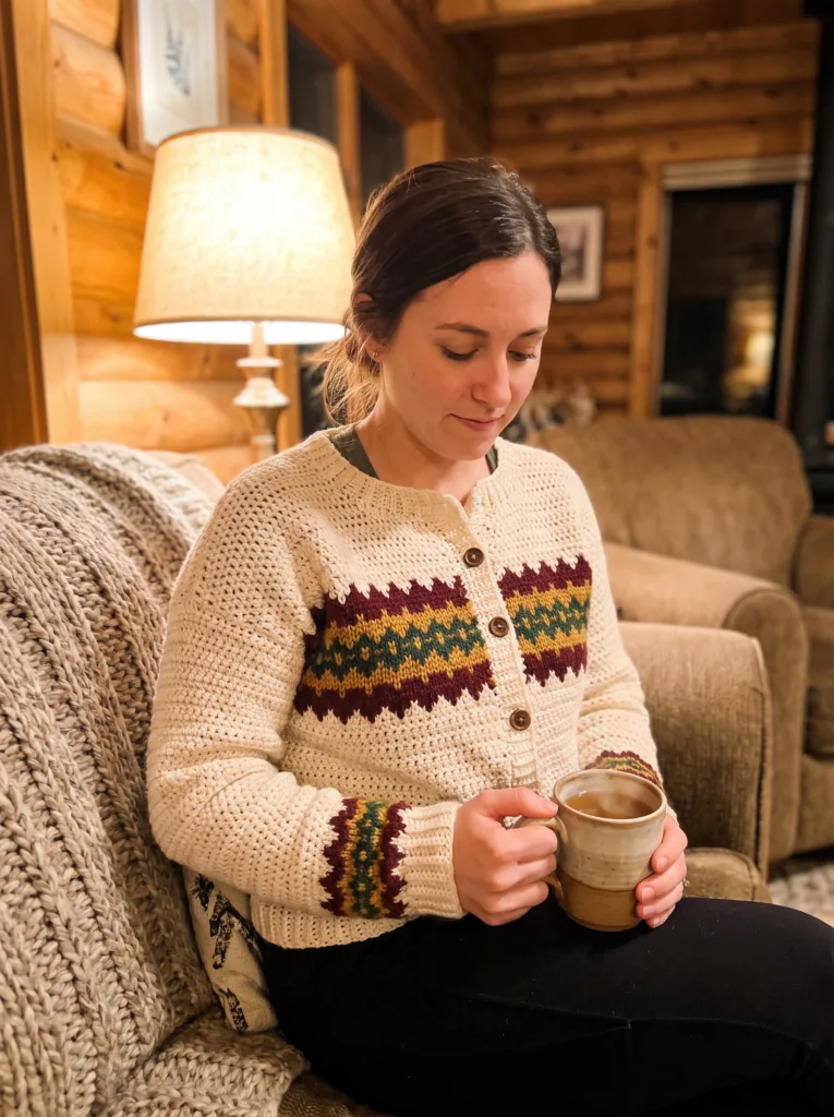 Crochet cardigan in cream with fair isle style geometric fall colorwork band
