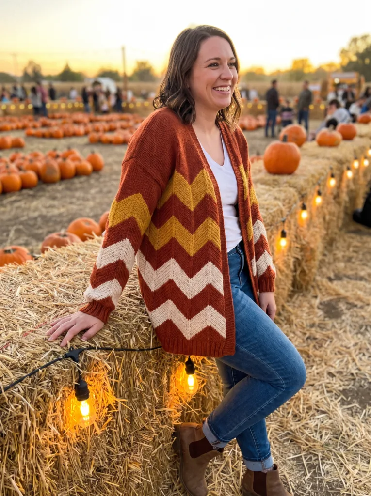 Crochet cardigan with rust, mustard, and cream chevron zigzag pattern
