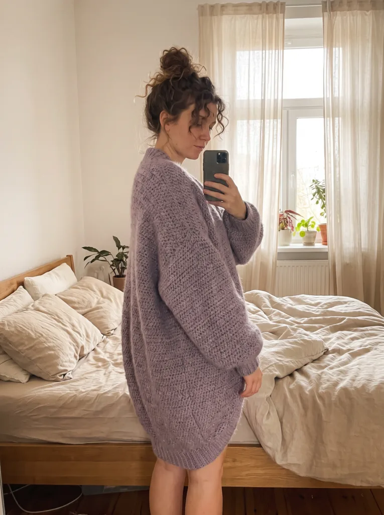 Crochet cocoon cardigan in dusty lavender brushed yarn with rounded silhouette