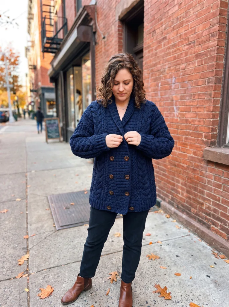 Crochet double-breasted cardigan in navy with chunky textured stitch and button rows