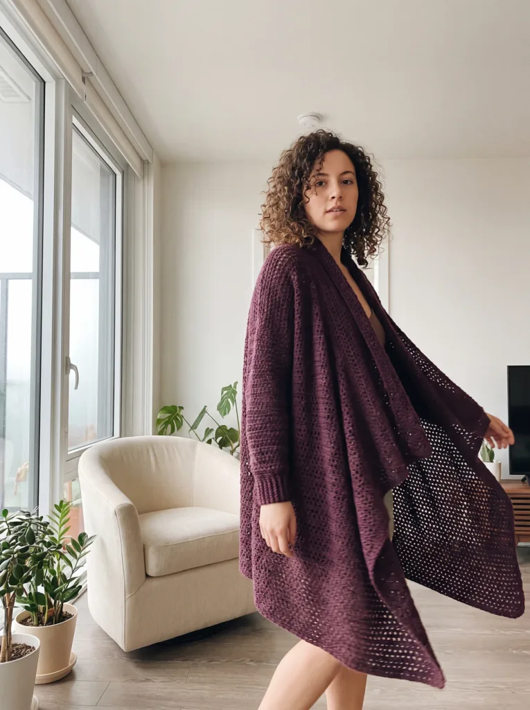 Crochet draped cardigan in deep plum with buttonless waterfall front