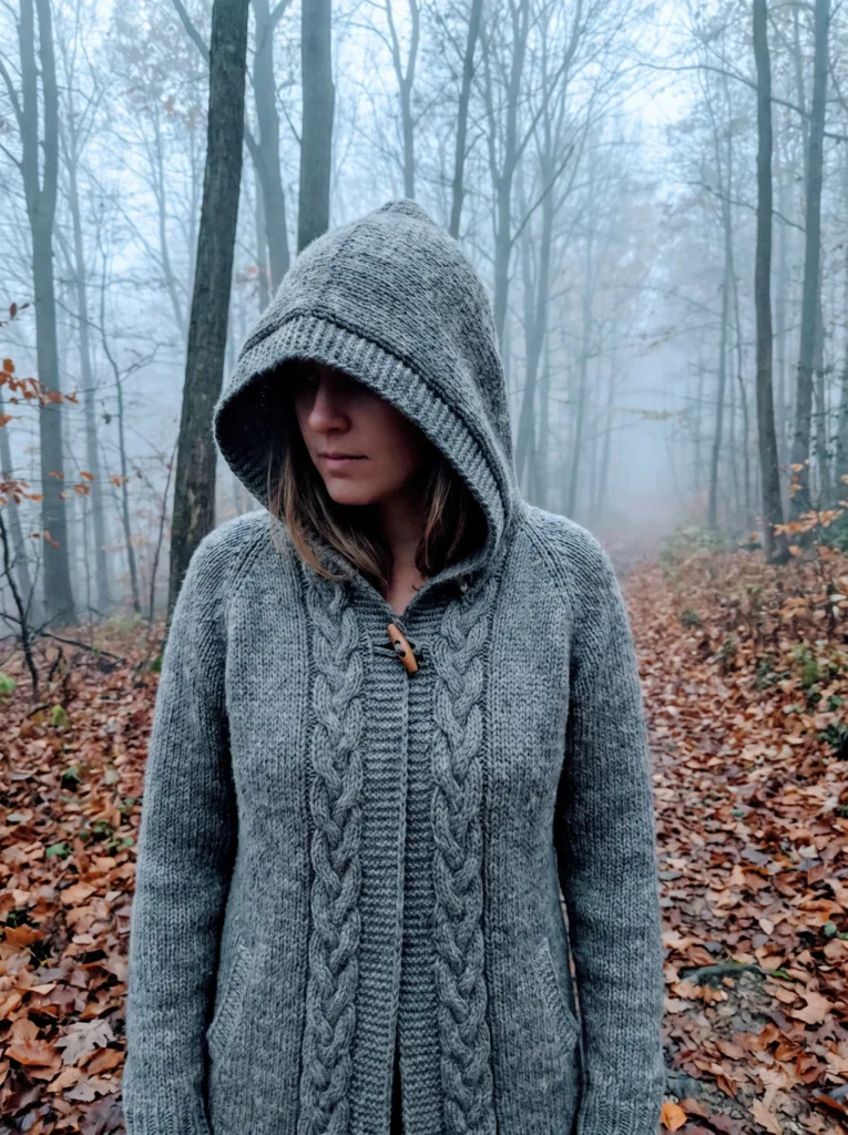 Crochet hooded cardigan in heather grey with braided cable texture and toggle closure