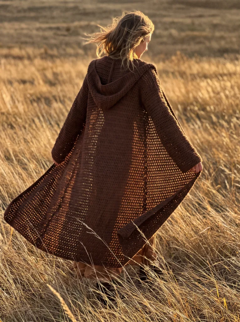 Crochet hooded duster cardigan in chocolate brown with ankle-length flowing silhouette