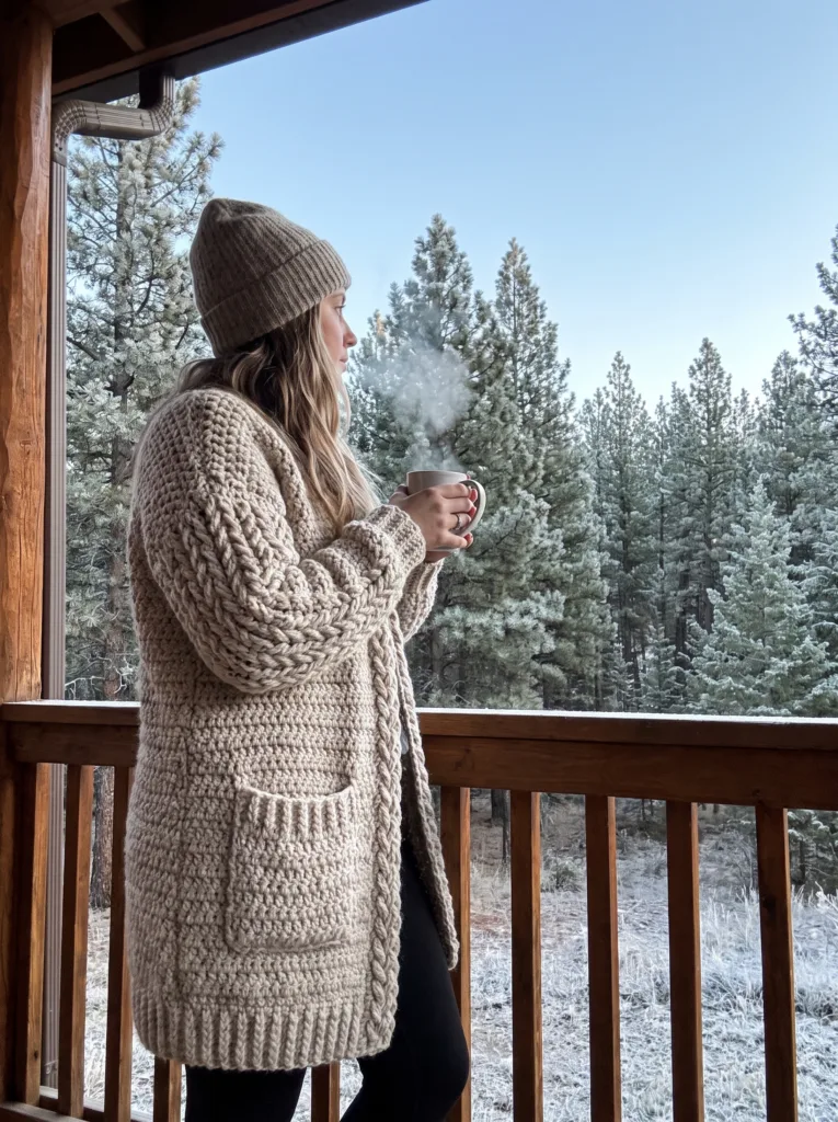 Crochet long cardigan in oatmeal alpine stitch with deep pockets at mountain cabin