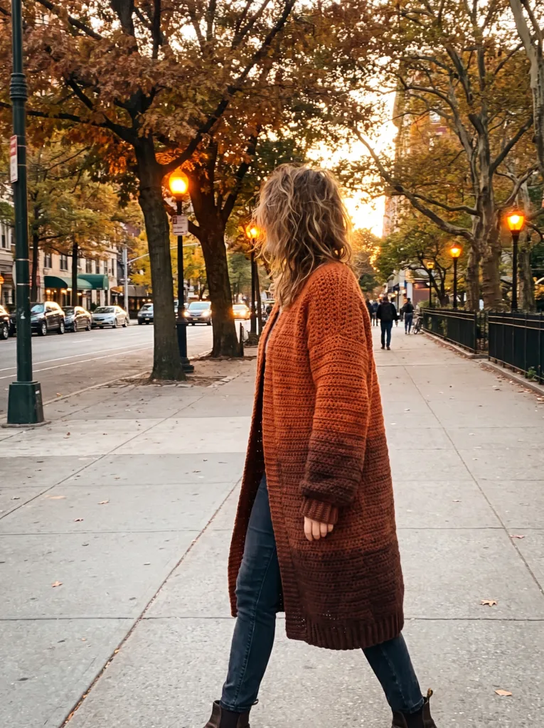 Crochet longline cardigan in rust to brown ombre gradient with open front