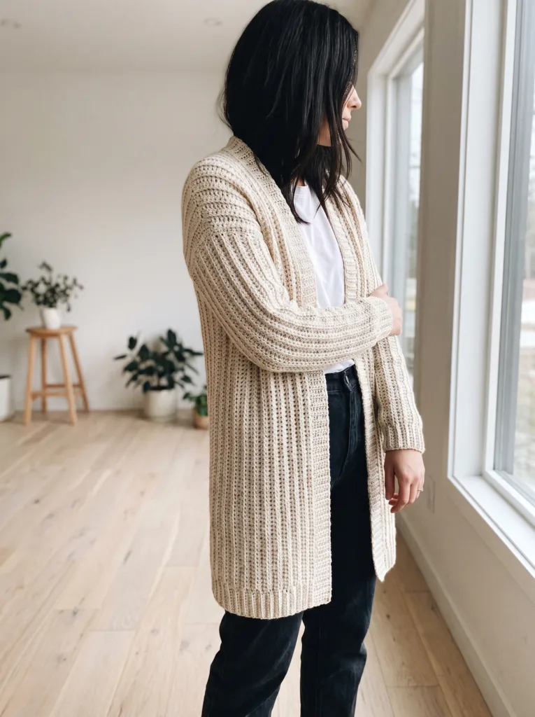 Crochet minimalist cardigan in oatmeal cream with sleek vertical rib lines