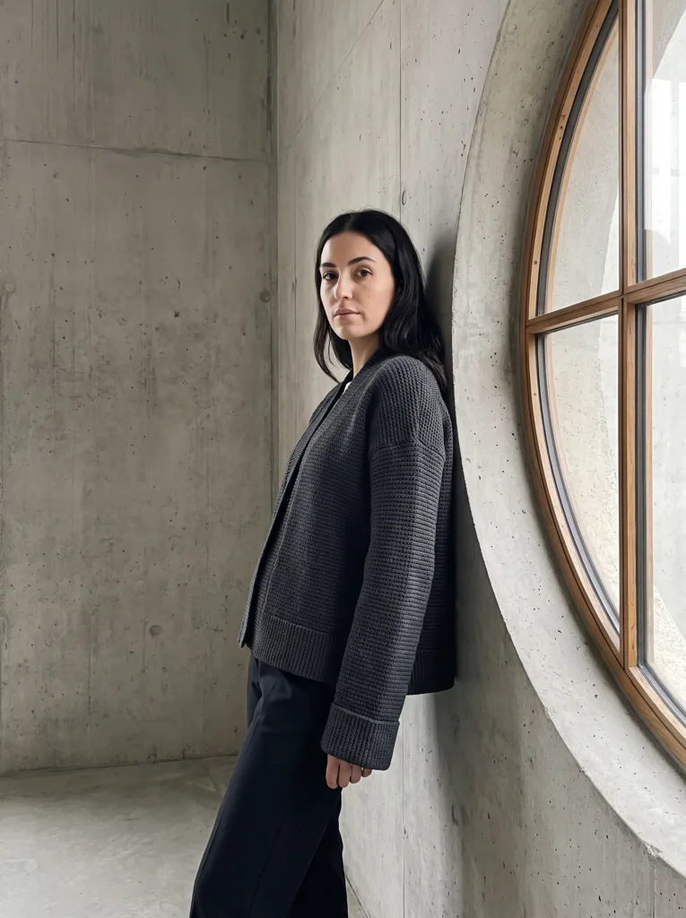 Crochet structured cardigan in charcoal Tunisian knit stitch with clean tailored edges