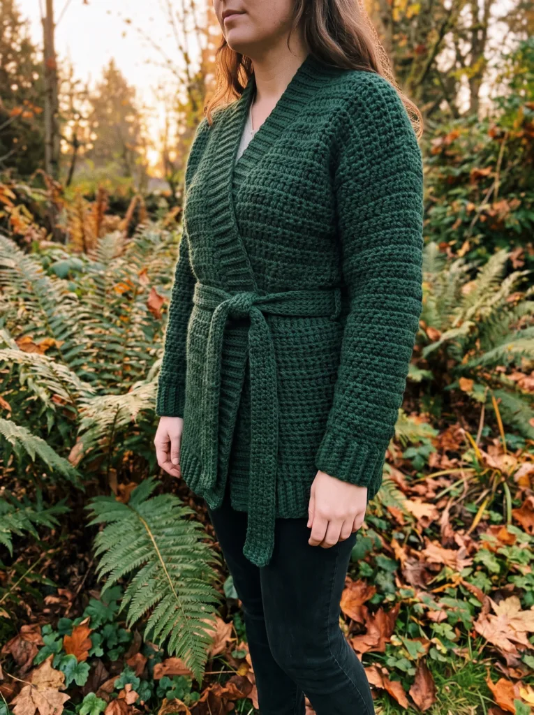 Crochet wrap cardigan in forest green thermal stitch with matching tie belt