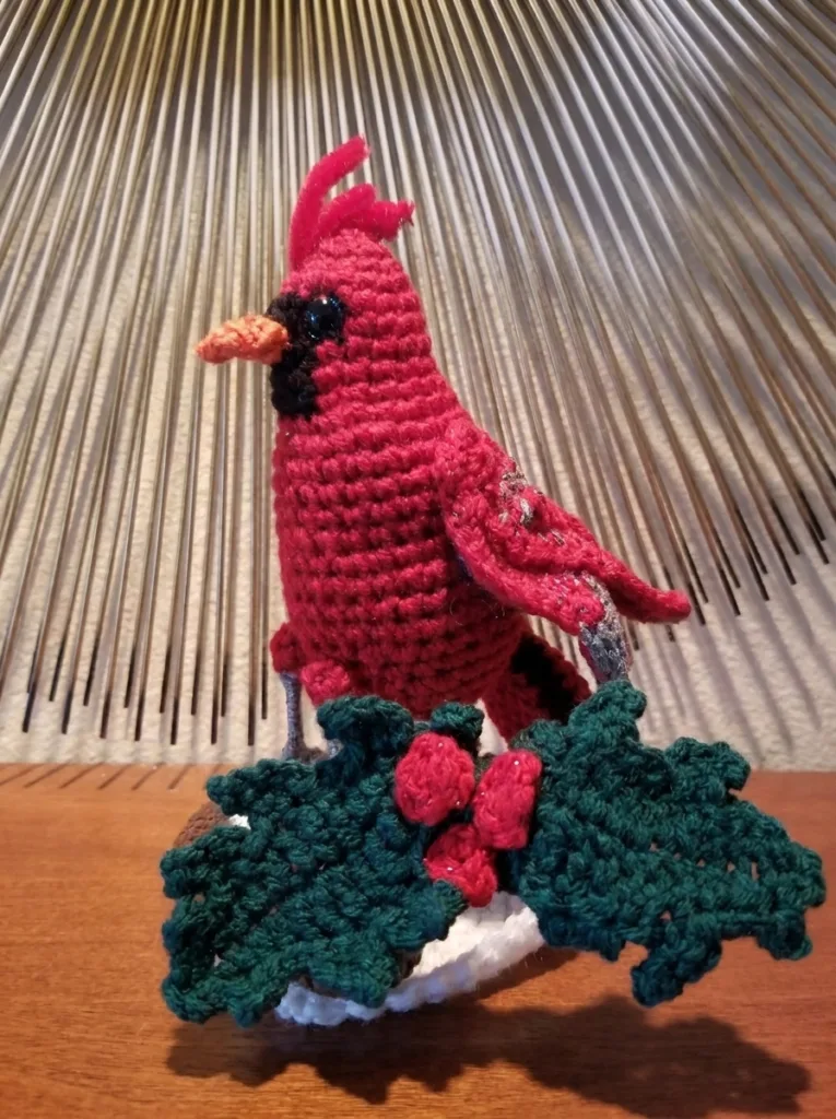 Amigurumi Christmas cardinal with cherries, holiday pattern