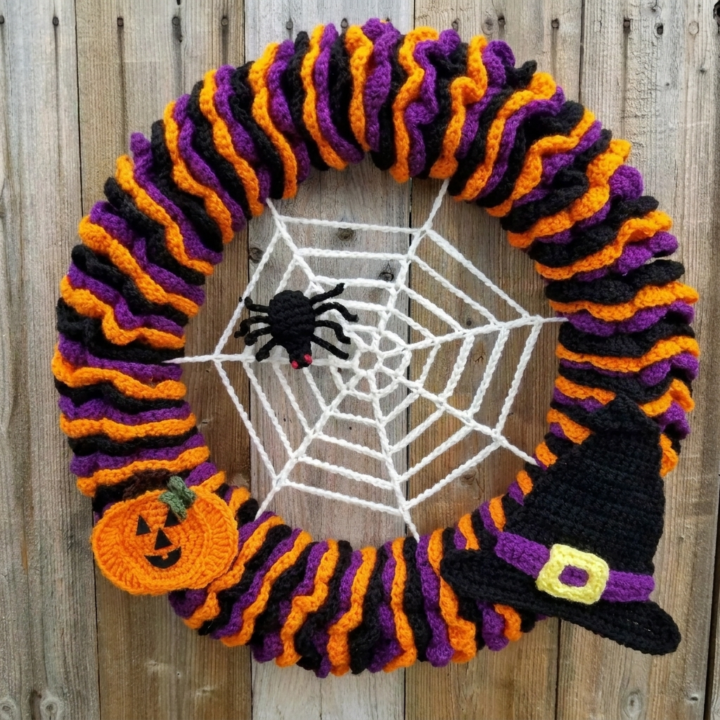 Crochet Halloween wreath with spider and pumpkin, Highland Hickory pattern
