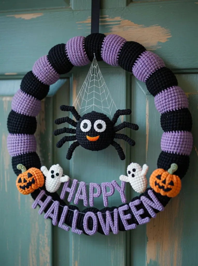 Crochet Happy Halloween wreath, festive decor pattern