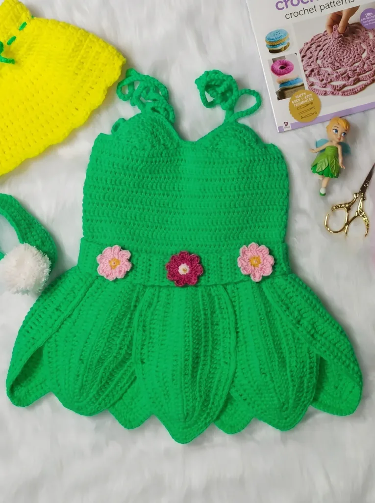 Crochet Tinkerbell inspired baby dress, fairy fall pattern