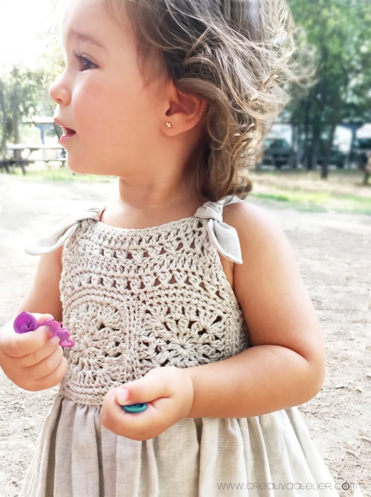 Crocahet and fabric granny square baby dress pattern