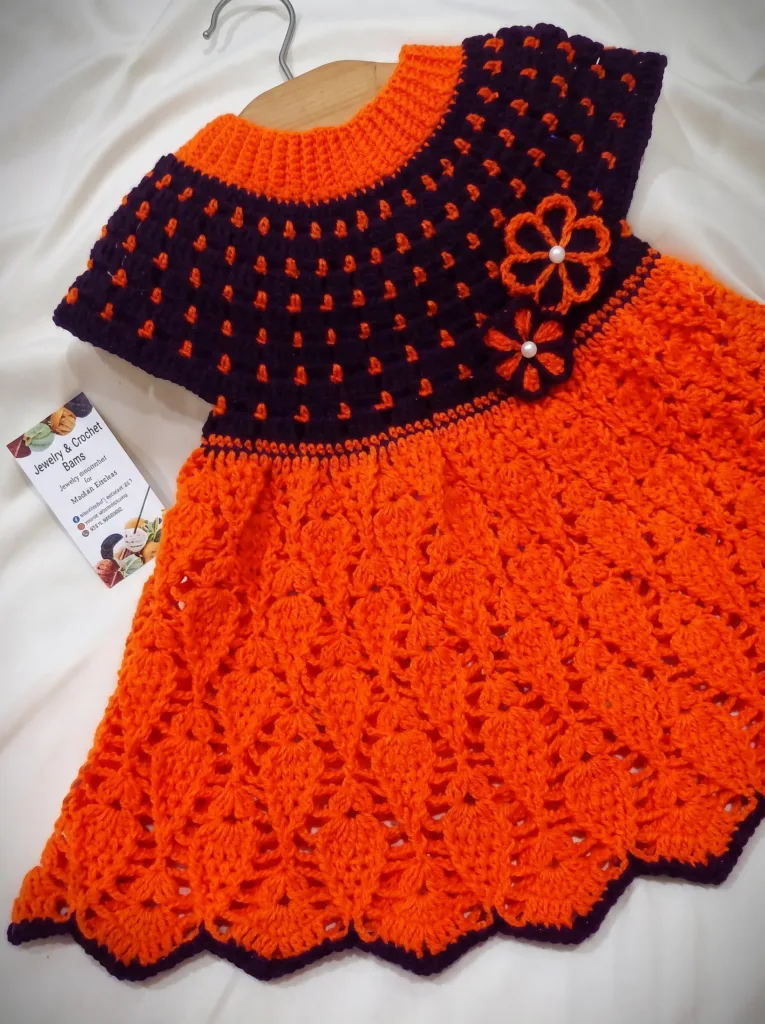 Crochet baby dress with leaf stitch, fall pattern