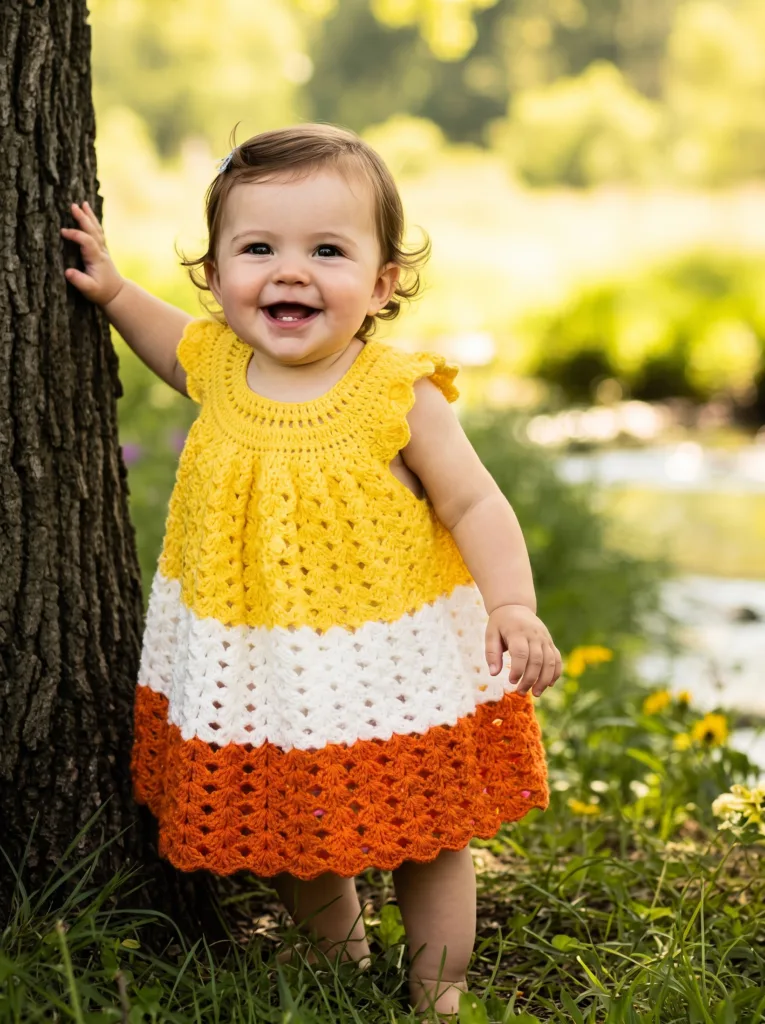 Crochet baby frock in yellow white orange, autumn pattern