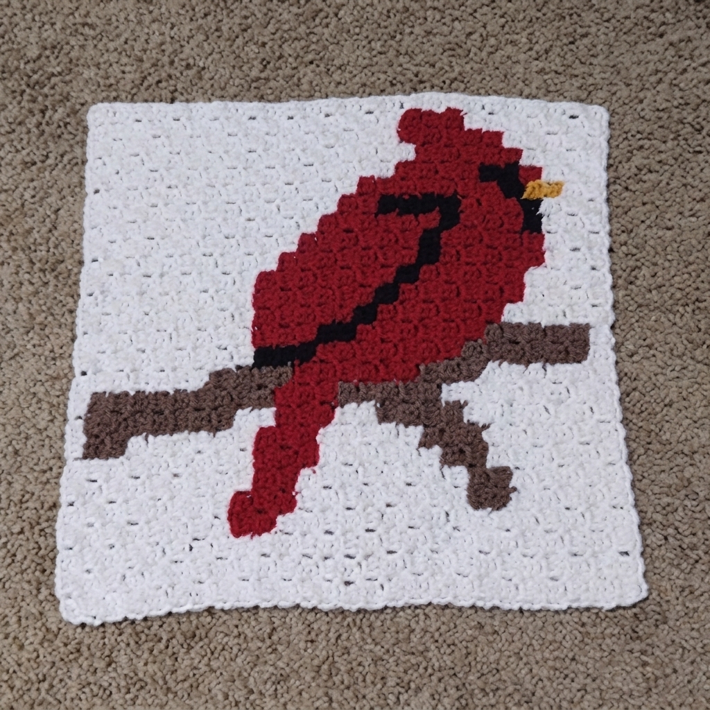 Crochet cardinal C2C square, pixel pattern