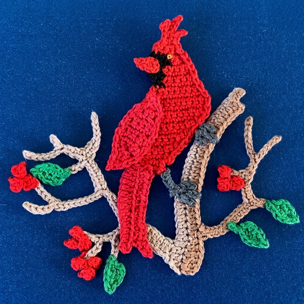 Crochet cardinal applique, cotton yarn pattern