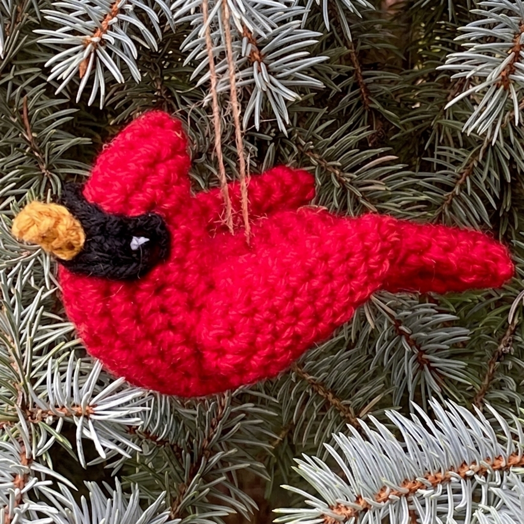 Crochet cardinal bird ornament, stash buster pattern