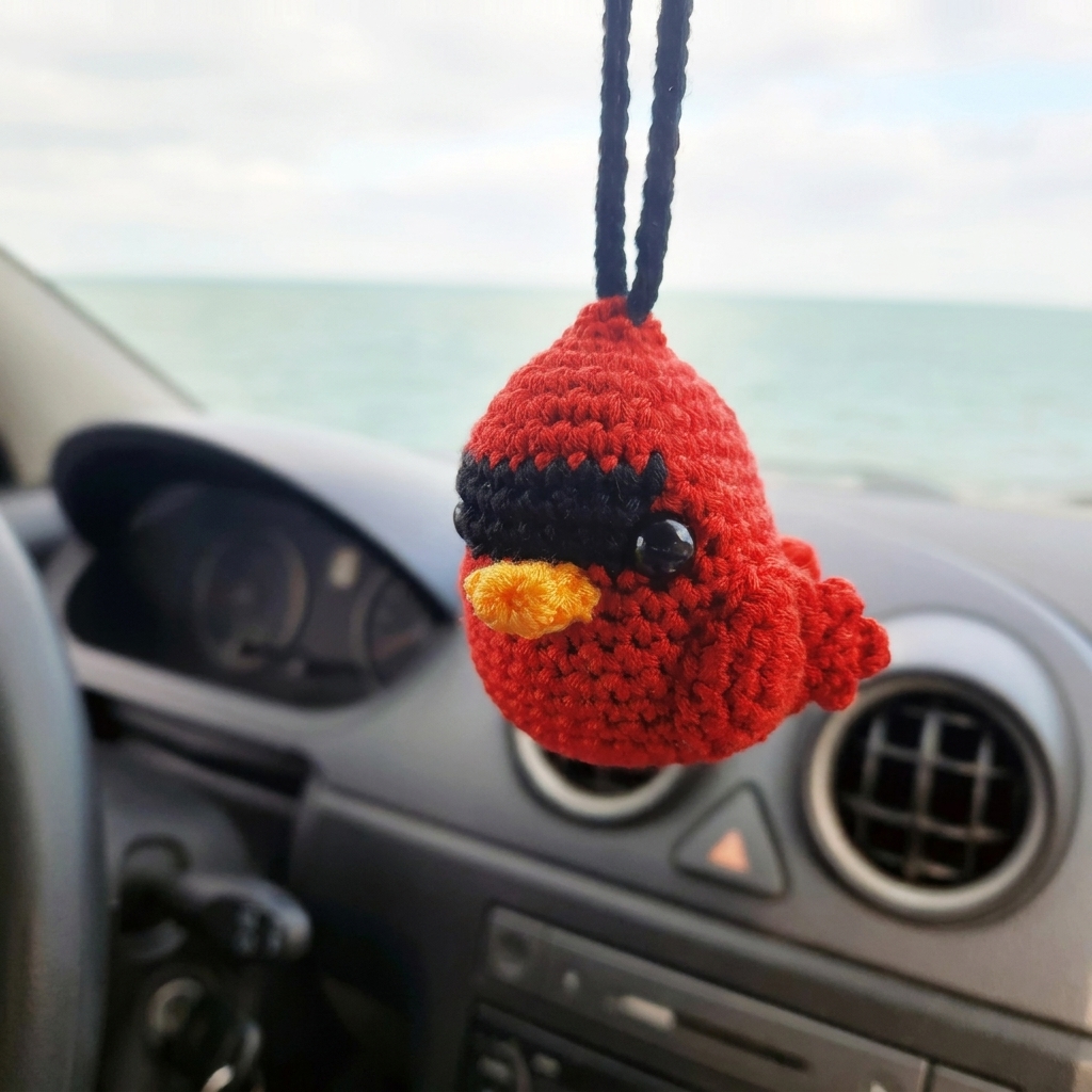 Crochet cardinal car charm, hanging ornament pattern