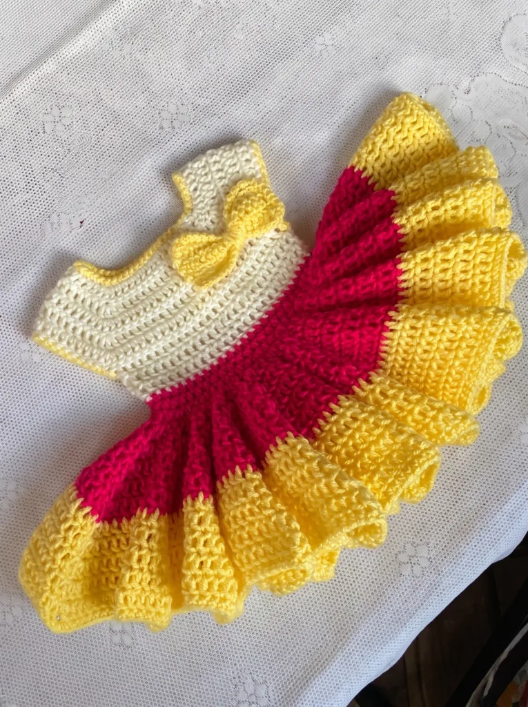 Crochet colorful baby dress, fall pattern for newborns