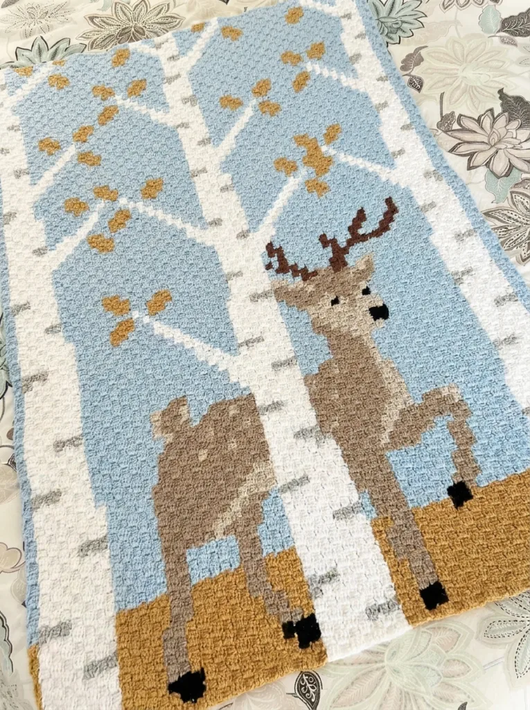 Crochet deer in the woods C2C baby blanket, fall pattern