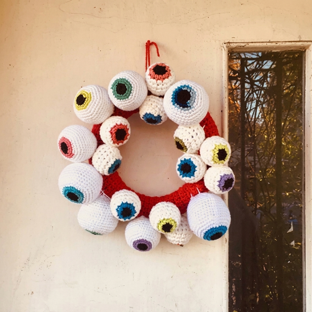 Crochet eyeball Halloween wreath, spooky decor pattern
