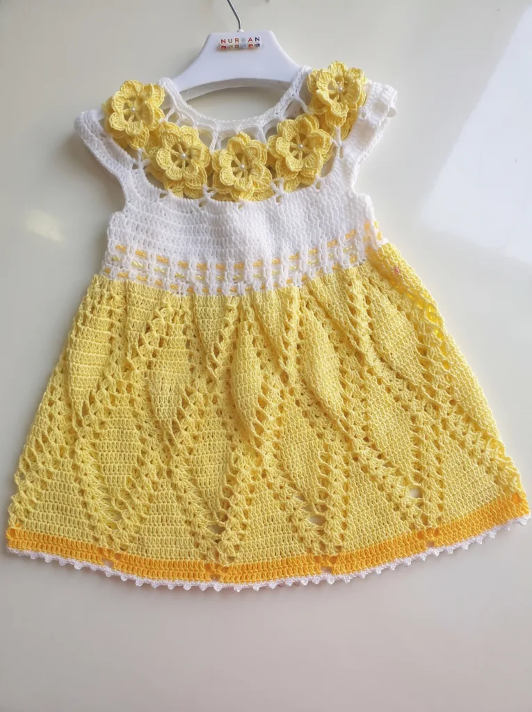 Crochet floral yoke baby dress with beaded flowers, pattern