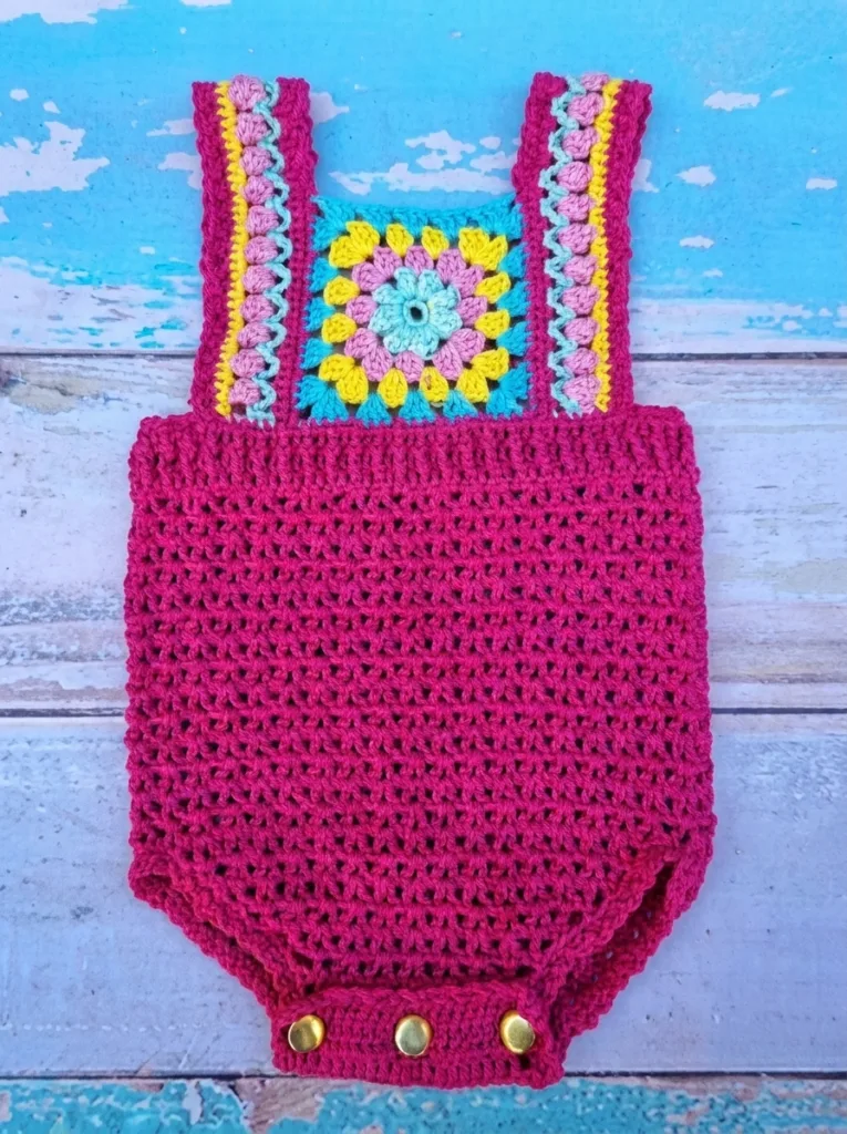 Crochet granny square baby romper pattern, MaioCrochet
