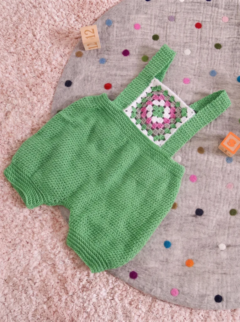 Crochet granny square bib baby romper, Yarnspirations pattern