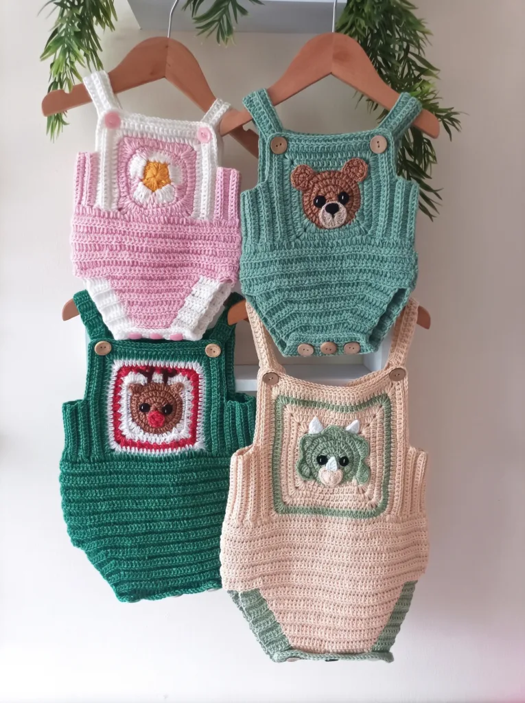 Crochet granny square playsuit pattern, pick and mix design